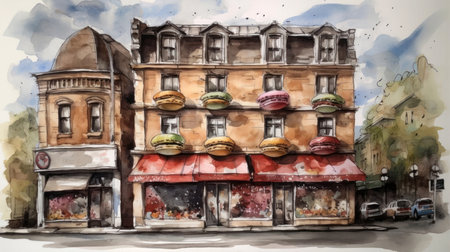 Watercolor sketch of a street cafeの素材