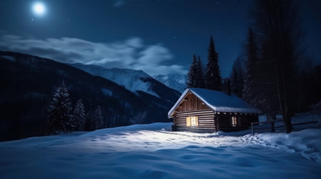 Beautiful winter landscape with wooden house in the mountains at night.の素材