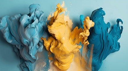 abstract background of blue, yellow and orange paint mixing in waterの素材