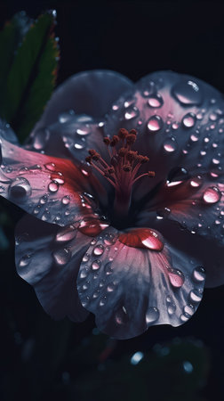 Beautiful hibiscus flower with water drops on black backgroundの素材