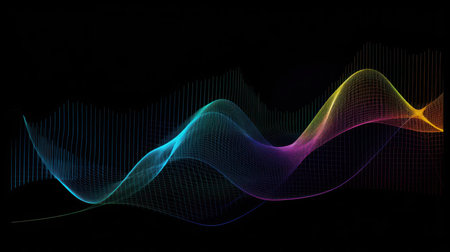 abstract background with rainbow wave lines on black background, vector illustrationの素材