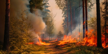 forest fire. Burning dry grass and trees in a pine forest.の素材