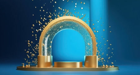 3d render of golden podium for product display. abstract background.の素材