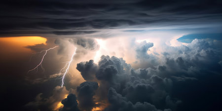 Dramatic sunset with thunderclouds and lightning. 3d renderingの素材