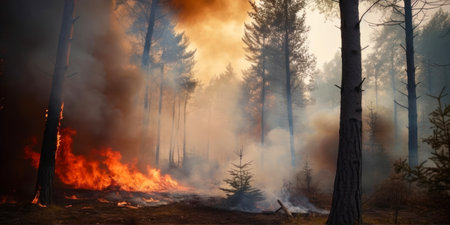 forest fire. Burning dry grass, trees and bushes in the foreground.の素材
