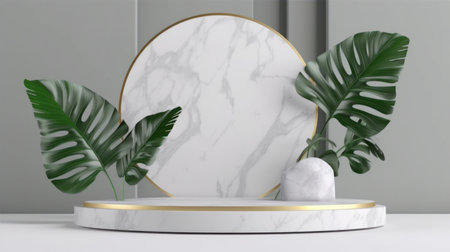 3d render of white marble podium with monstera leaves on gray backgroundの素材