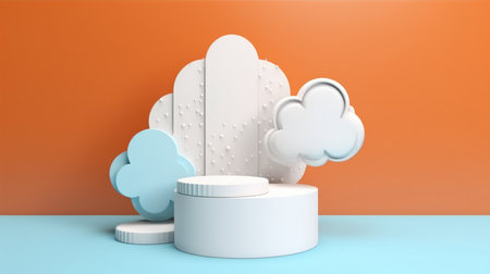 3d render of white podium with cloud and clouds on orange backgroundの素材