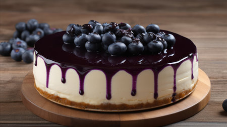 Delicious cheesecake with blueberries on wooden table, closeupの素材