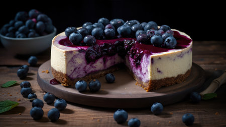 Blueberry cheesecake with fresh berries on wooden background, selective focusの素材