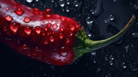 Red hot chili pepper with drops of water on a black background.の素材