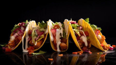 tacos with meat and vegetables on a black background with reflectionの素材