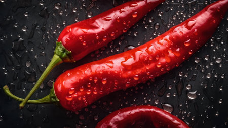 Red hot chili peppers on a black background with drops of water.の素材