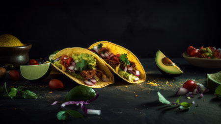 Mexican tacos with meat, vegetables and guacamole on black backgroundの素材