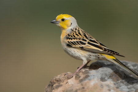Yellowhammer, Emberiza citrinella, single bird on rock, Brazilの素材