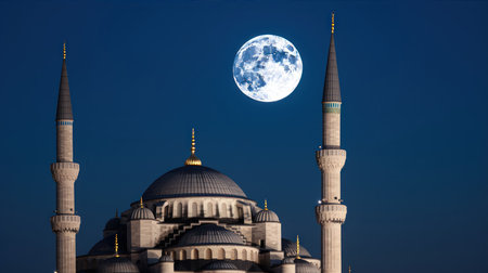 The Blue Mosque in Istanbul, Turkey at night with full moon.の素材