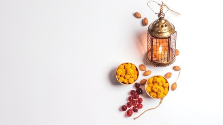 Ramadan Kareem concept. Ramadan lantern, dried fruits and nuts on white backgroundの素材