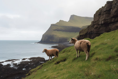 Sheep in the Faroe Islands. The Faroe Islands is an autonomous region of the Kingdom of Denmark.の素材