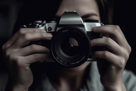 Female photographer with camera in hand. close-up. selective focus.の素材
