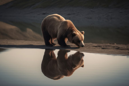 Grizzly Bear at sunset. reflection in water.の素材