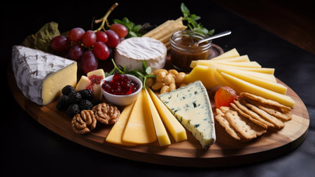 Cheese platter with grapes, nuts, honey and crackersの素材