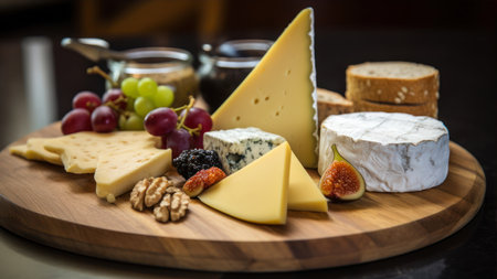 Cheese platter with different types of cheese on a wooden boardの素材