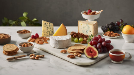 Cheese platter with assorted cheeses, grapes, nuts and honey on white marble tableの素材