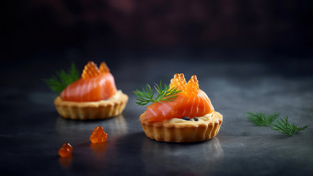 Tartlets with salmon and caviar on a black background.の素材