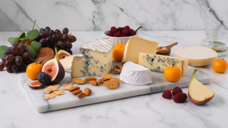 Cheese platter with grapes, nuts and fruitsle backgroundの素材