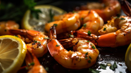 Grilled shrimps with lemon and herbs on a black plateの素材