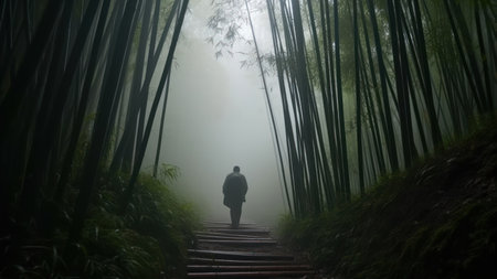 Silhouette of a man walking in the bamboo forest with fogの素材