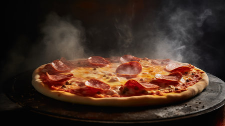 Pepperoni pizza with smoke on dark background. Italian food.の素材
