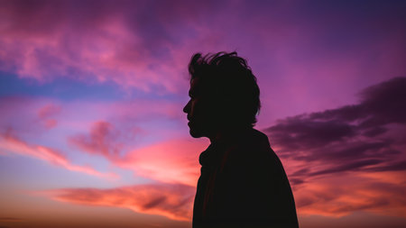 Silhouette of a young man on a background of the sunsetの素材
