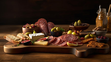 Antipasto plate with salami, cheese and olivesの素材