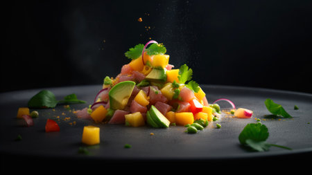 Tuna salad with mango, avocado and cilantro on black backgroundの素材