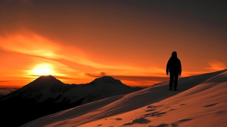 Silhouette of a man on top of a snowy mountain at sunsetの素材