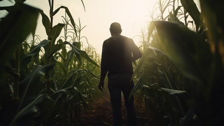 Silhouette of a man standing in corn field at sunset.の素材
