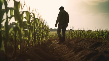 Man walking in corn field at sunset. Concept of agriculture and farming.の素材