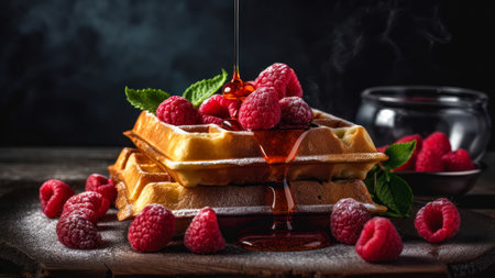 Belgian waffles with fresh raspberries, honey and mintの素材