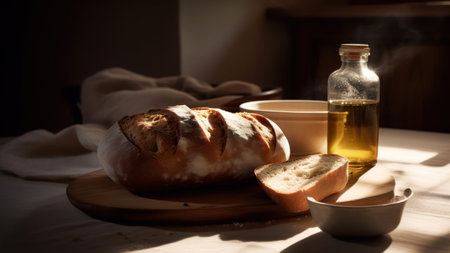 Bread and oil on the table in the morning. selective focus.の素材