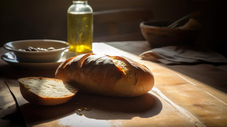 Bread and olive oil on the table. selective focus.の素材