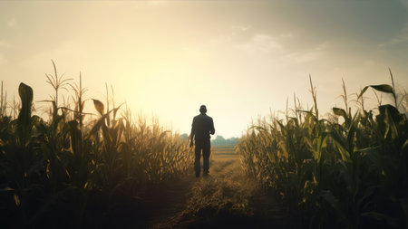 Silhouette of a man walking in corn field at sunset.の素材