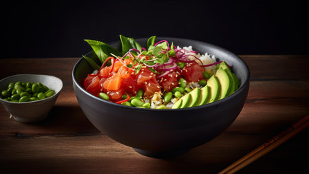 Hawaiian salmon poke bowl with avocado, sesame seeds, radish, cucumber, sesame seeds.の素材