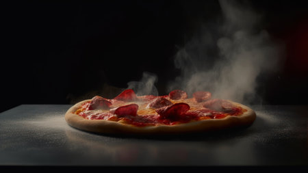 Pizza with salami and cheese on a black background with smoke.の素材