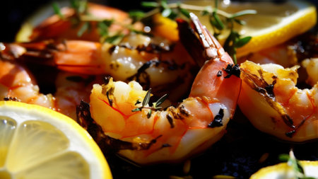 Seafood shrimps with lemon and herbs on black backgroundの素材