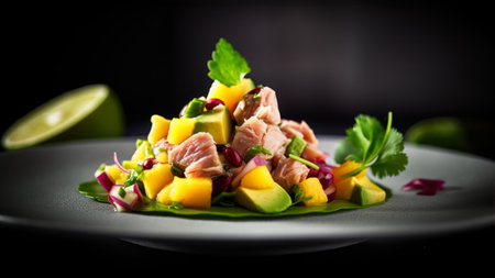 Tuna salad with mango, avocado and red onion on black backgroundの素材