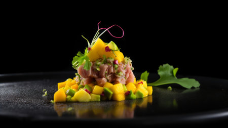 Tuna tartare with mango and avocado on a black background.の素材