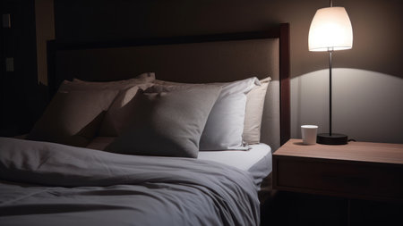 Comfortable pillow on bed with lamp and coffee cup in hotel roomの素材