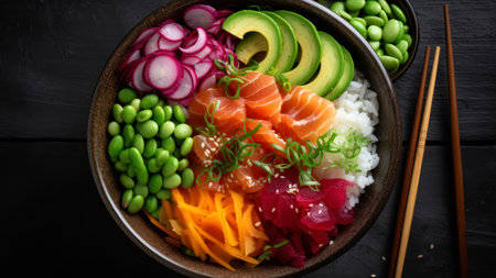Hawaiian poke bowl with salmon, avocado, rice, seaweed and vegetables on black background. top viewの素材