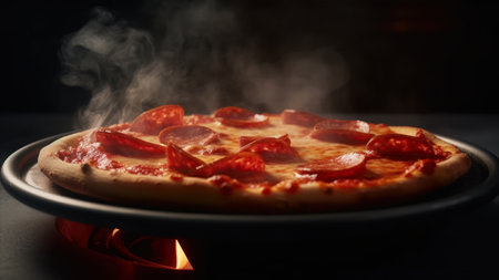 Hot pizza with salami and pepperoni on a black background.の素材