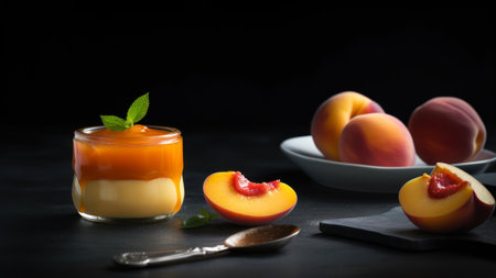 Apricot dessert with fresh peaches and mint on black backgroundの素材
